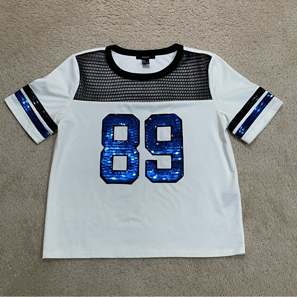 Forever 21 Blue and White Sequins Fashion Football Jersey Oversized TShirt 89